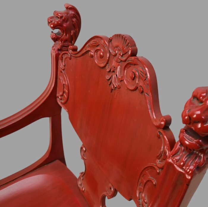 late 19th century antique victorian painted red solid oak rocking chair hand carved lions 8964