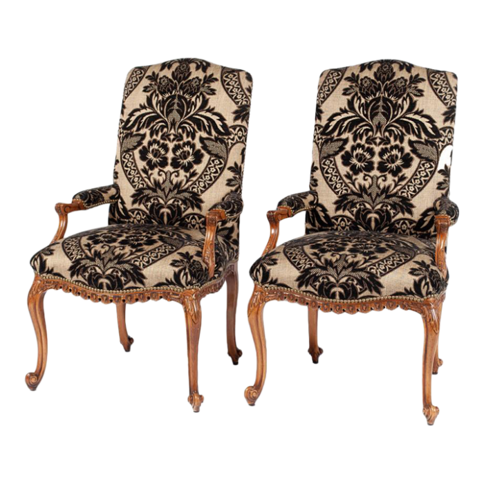 late 20th century pair of william switzer chippendale style armchairs black damask fabric 7213