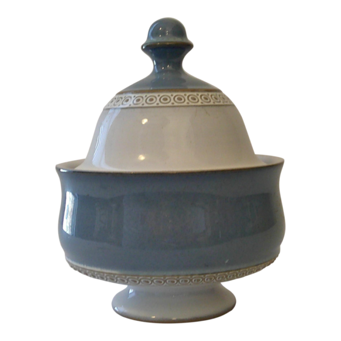 late 20th century sugar bowl with lid by denby of england castile blue pattern 6076