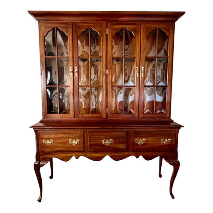 late 20th century vintage colonial style solid cherry china cabinet with bubble glass doors and cabriole legs 2042