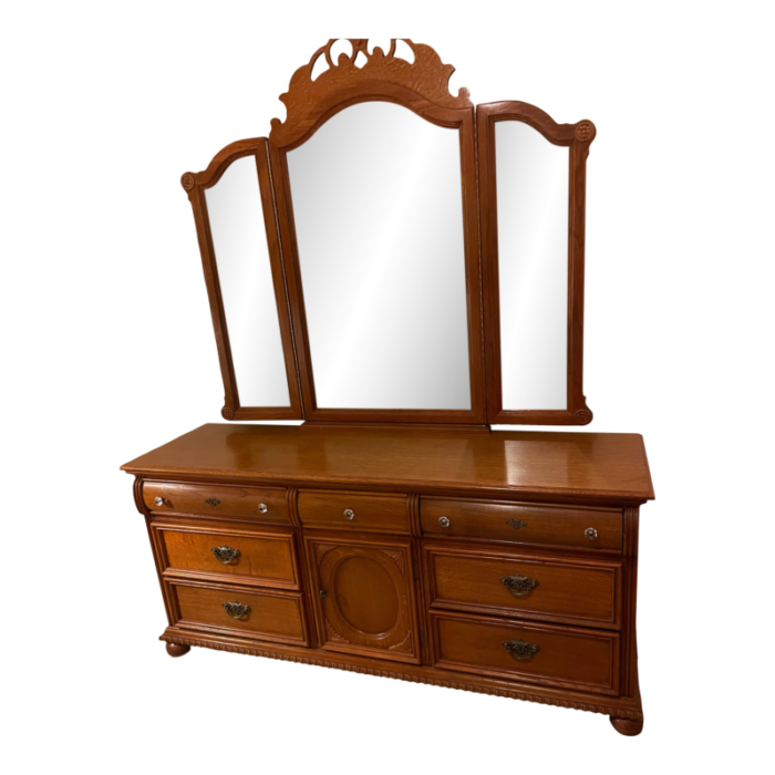 late 20th century vintage lexington triple dresser with bi folding triple mirror set 3422