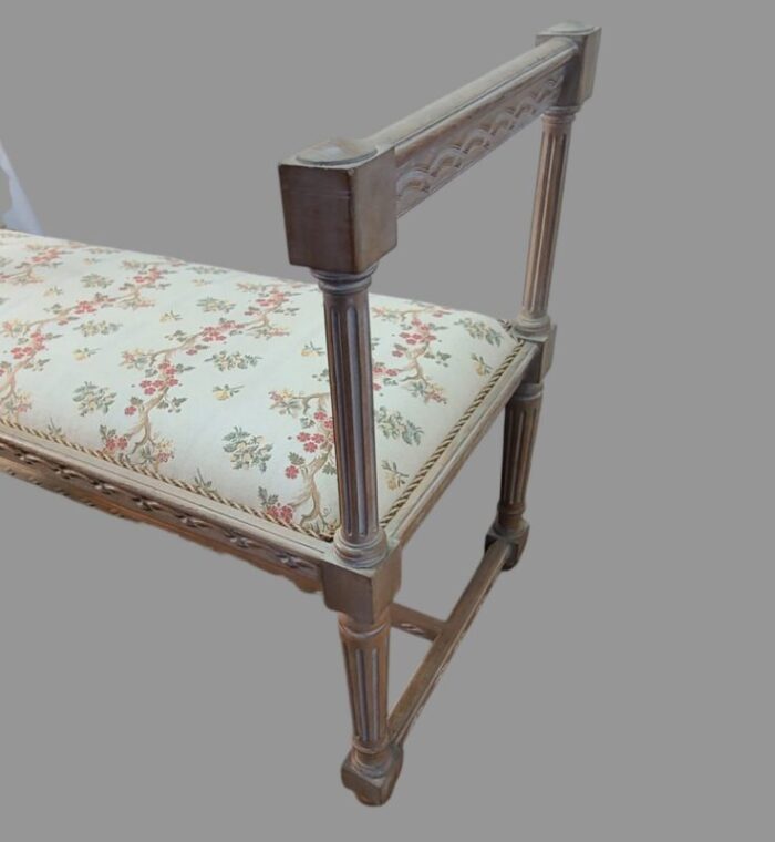 late 20th century vintage neoclassical carved white wash oak upholstered italian tall window bench 1237