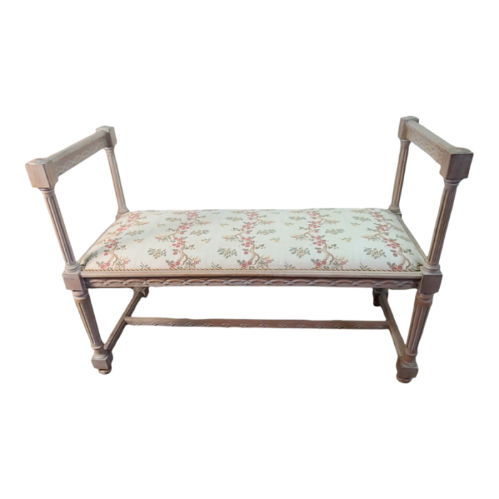 late 20th century vintage neoclassical carved white wash oak upholstered italian tall window bench 4009