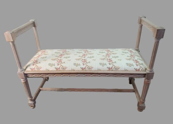 late 20th century vintage neoclassical carved white wash oak upholstered italian tall window bench 8343