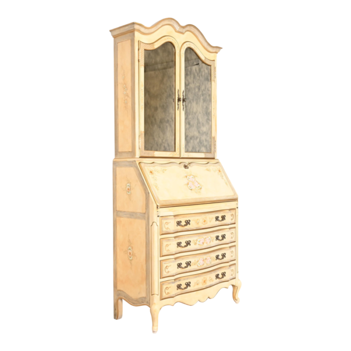 maddox french provincial louis xv hand painted secretary desk with mirrored bookcase hutch top 0889