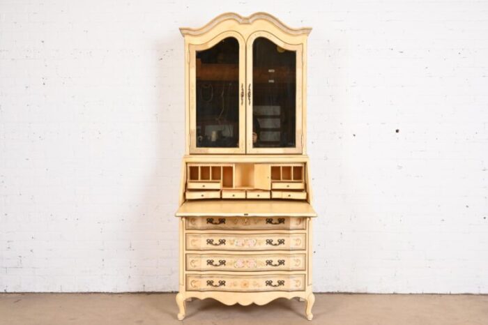 maddox french provincial louis xv hand painted secretary desk with mirrored bookcase hutch top 1514