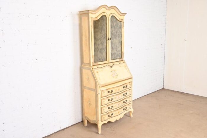 maddox french provincial louis xv hand painted secretary desk with mirrored bookcase hutch top 2520