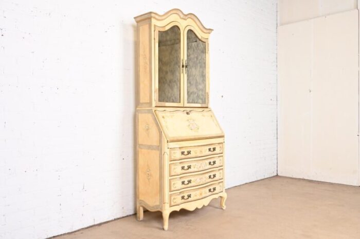 maddox french provincial louis xv hand painted secretary desk with mirrored bookcase hutch top 6106