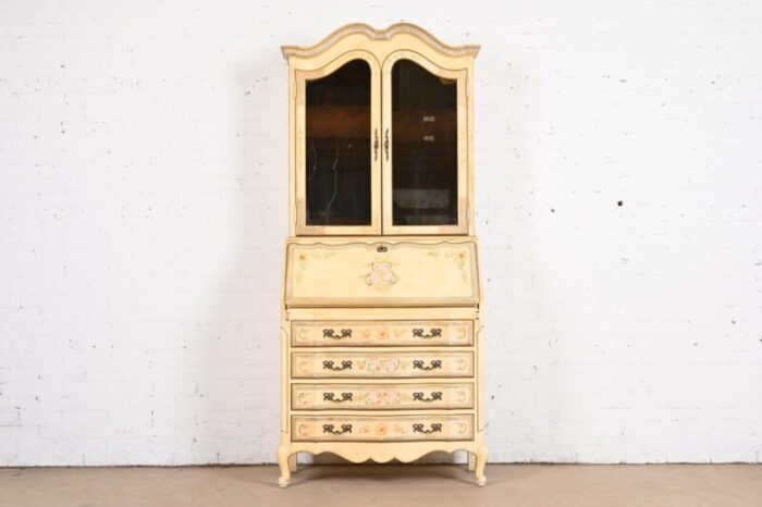 maddox french provincial louis xv hand painted secretary desk with mirrored bookcase hutch top 6907