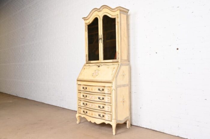 maddox french provincial louis xv hand painted secretary desk with mirrored bookcase hutch top 9103