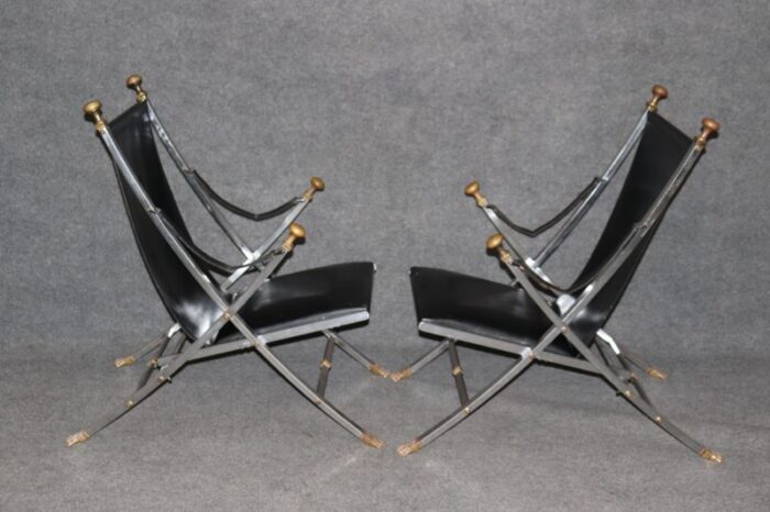 maison jansen brass and steel paw footed campaign chairs a pair 6897