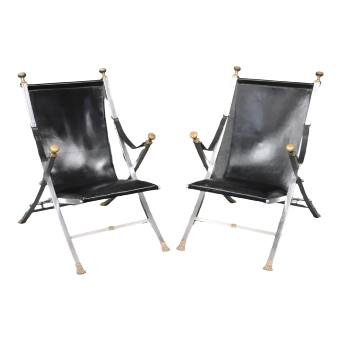 maison jansen brass and steel paw footed campaign chairs a pair 9431