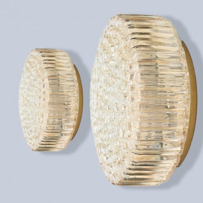 medium round clear textured glass wall lights from limburg 1970 set of 2 5