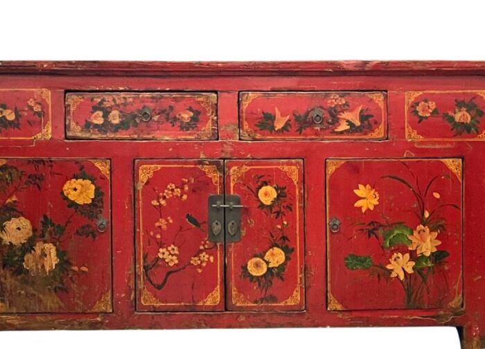 mid 19th century antique chinese painted red lacquer wedding chest sideboard 0221