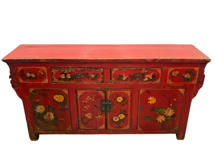 mid 19th century antique chinese painted red lacquer wedding chest sideboard 0338