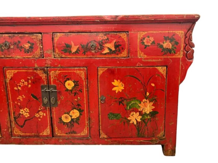 mid 19th century antique chinese painted red lacquer wedding chest sideboard 2466