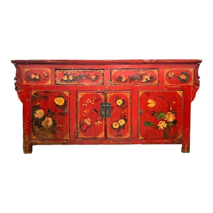 mid 19th century antique chinese painted red lacquer wedding chest sideboard 4395