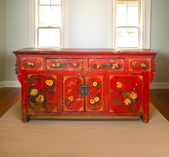 mid 19th century antique chinese painted red lacquer wedding chest sideboard 4860