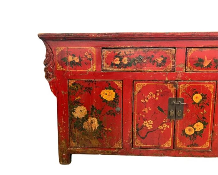 mid 19th century antique chinese painted red lacquer wedding chest sideboard 5388