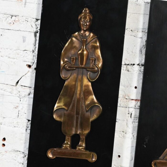 mid 20th century asian cast bronze figures on black wood plaques signed gansu set of 4 0589