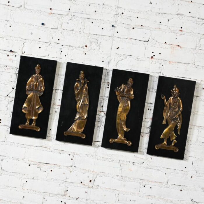 mid 20th century asian cast bronze figures on black wood plaques signed gansu set of 4 3637