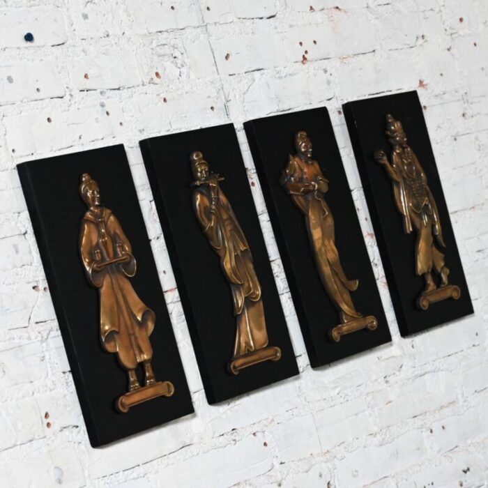 mid 20th century asian cast bronze figures on black wood plaques signed gansu set of 4 5465