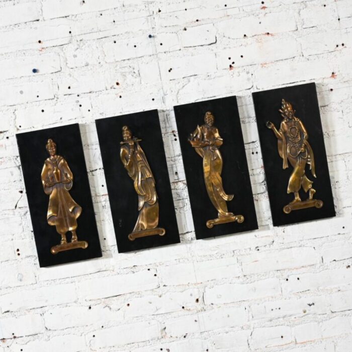 mid 20th century asian cast bronze figures on black wood plaques signed gansu set of 4 6805