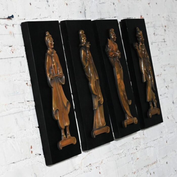 mid 20th century asian cast bronze figures on black wood plaques signed gansu set of 4 7514