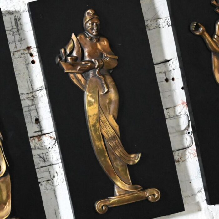 mid 20th century asian cast bronze figures on black wood plaques signed gansu set of 4 7904