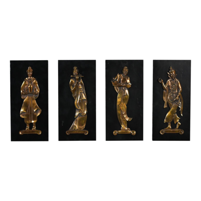 mid 20th century asian cast bronze figures on black wood plaques signed gansu set of 4 8977