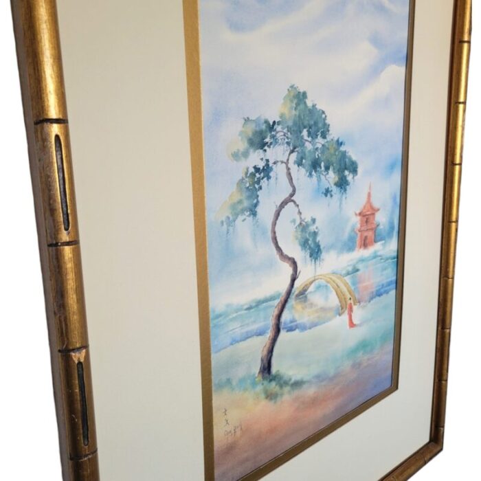 mid 20th century chinese watercolor painting in gilded gold frame 0024