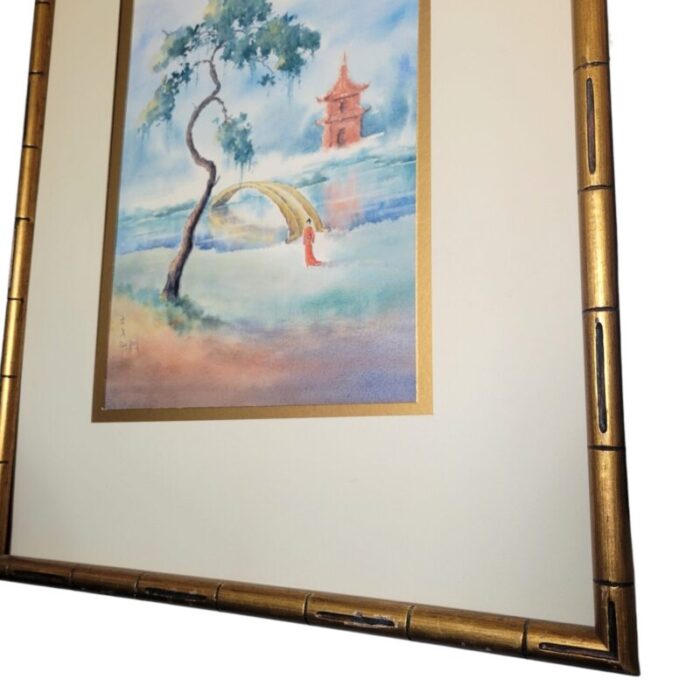 mid 20th century chinese watercolor painting in gilded gold frame 0258