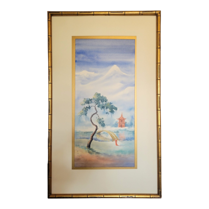 mid 20th century chinese watercolor painting in gilded gold frame 4553