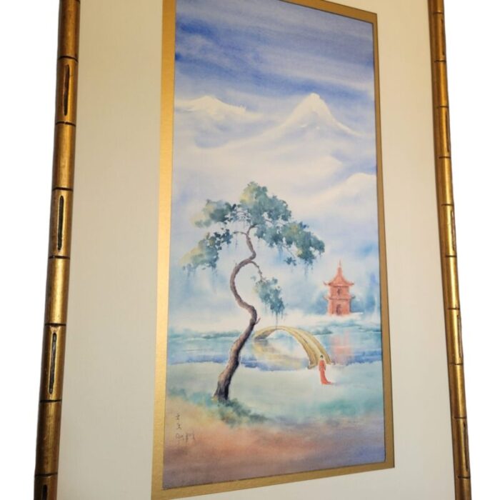 mid 20th century chinese watercolor painting in gilded gold frame 6600