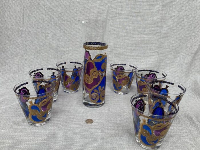 mid 20th century georges briard purple blue gold fruit cocktail pitcher set of 9 4756