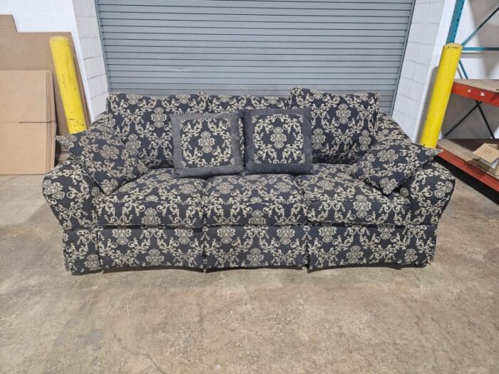 mid 20th century hancock and moore upholstered down filled sofa with designer black and gold fabric 9958