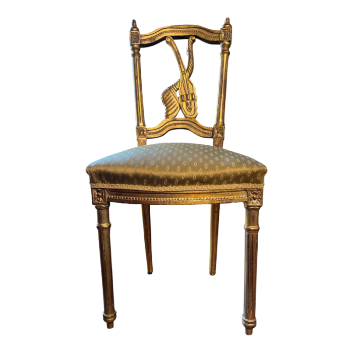 mid 20th century louis xvi style french gold giltwood musical accent chair with silk upholstery 0325