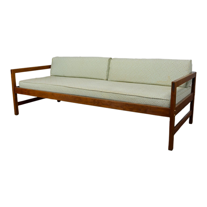 mid 20th century mcm daybed sofa walnut frame with arms and gray blue upholstery and stram springs 0214