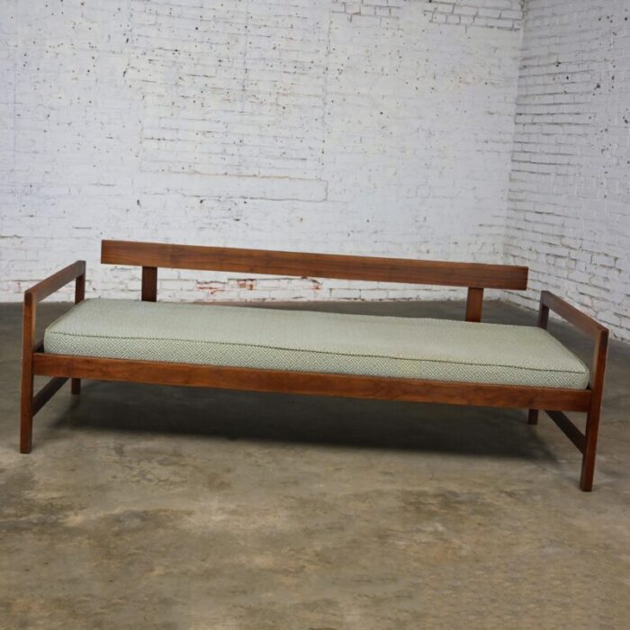 mid 20th century mcm daybed sofa walnut frame with arms and gray blue upholstery and stram springs 1294