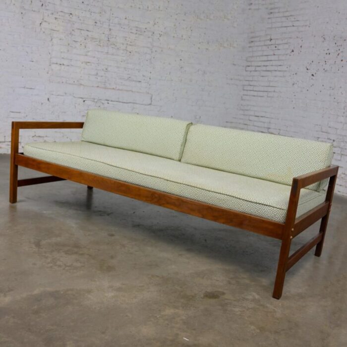 mid 20th century mcm daybed sofa walnut frame with arms and gray blue upholstery and stram springs 6285