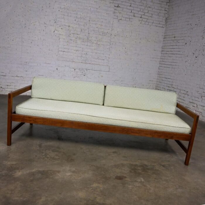 mid 20th century mcm daybed sofa walnut frame with arms and gray blue upholstery and stram springs 8454