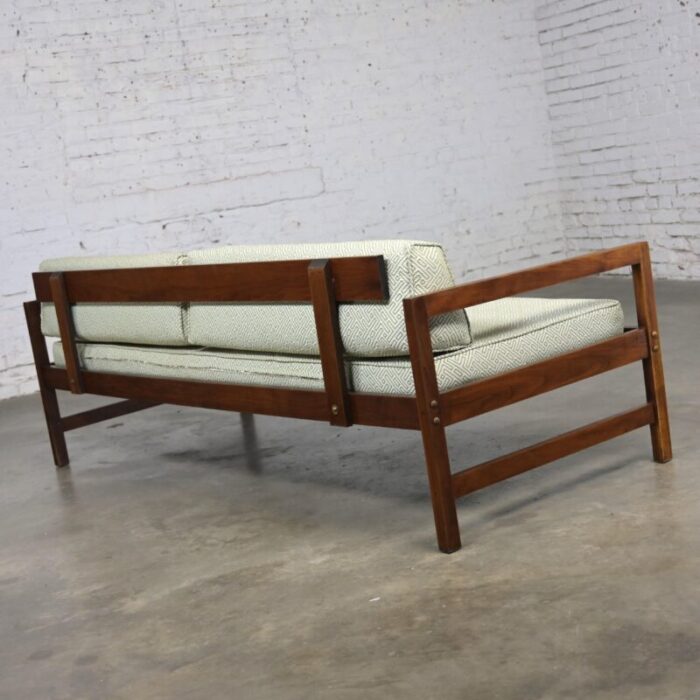 mid 20th century mcm daybed sofa walnut frame with arms and gray blue upholstery and stram springs 8507