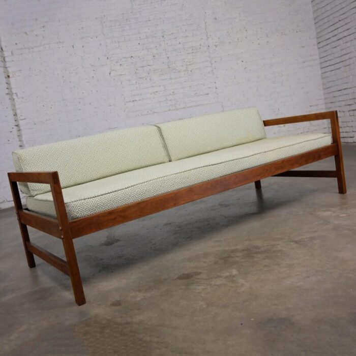 mid 20th century mcm daybed sofa walnut frame with arms and gray blue upholstery and stram springs 8619