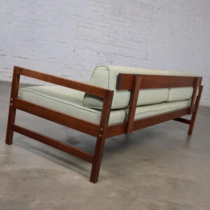 mid 20th century mcm daybed sofa walnut frame with arms and gray blue upholstery and stram springs 9420