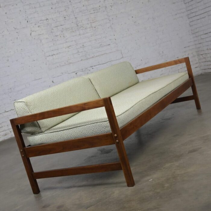 mid 20th century mcm daybed sofa walnut frame with arms and gray blue upholstery and stram springs 9624