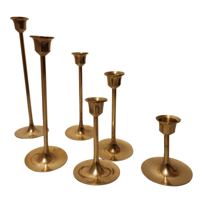 mid 20th century mid century graduated tulip based brass candlesticks set of 6 5619