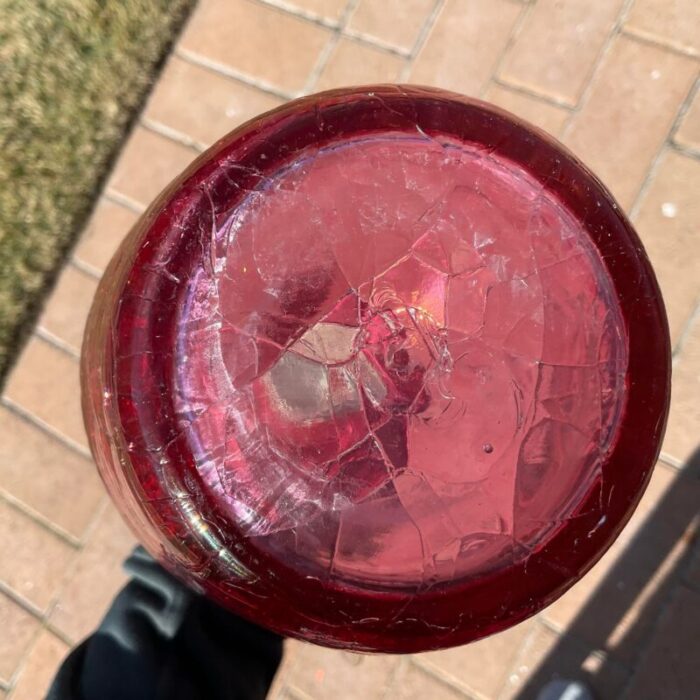 mid 20th century red crackle decanter with applied rings attributed to blenko 0570