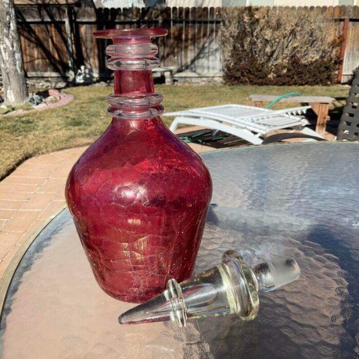 mid 20th century red crackle decanter with applied rings attributed to blenko 4985