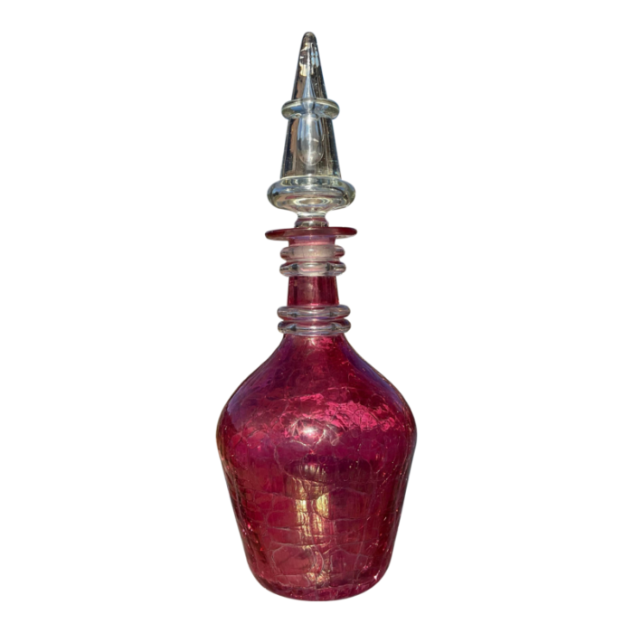 mid 20th century red crackle decanter with applied rings attributed to blenko 7193