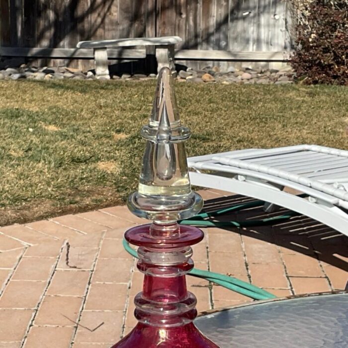 mid 20th century red crackle decanter with applied rings attributed to blenko 8426